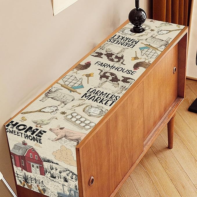 Farmhouse Rooster Table Runner, Rustic Cow Chicken Pig House Animals Coffee Table Center Decor for Family Kitchen Dining Room and Living Room Outdoor Country Holiday Party Table Decorations, 13"x72"