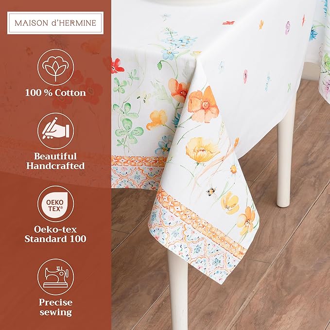 Maison d' Hermine Table Cloth Rectangle Table 100% Cotton 60 x 108 Inches Tablecloth Reusable Decorative for Dining Room, Farmhouse, Home, Party, Festive & Wedding Spring Summer - Summer Whisper