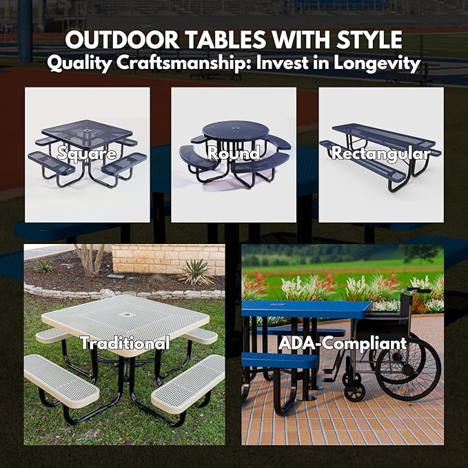 COATEDOUTDOORFURNITURE Heavy-Duty Portable Outdoor Picnic Table with Umbrella Hole, Expanded Metal Patio Dining Furniture Made in America (46" Round Top, Tan)