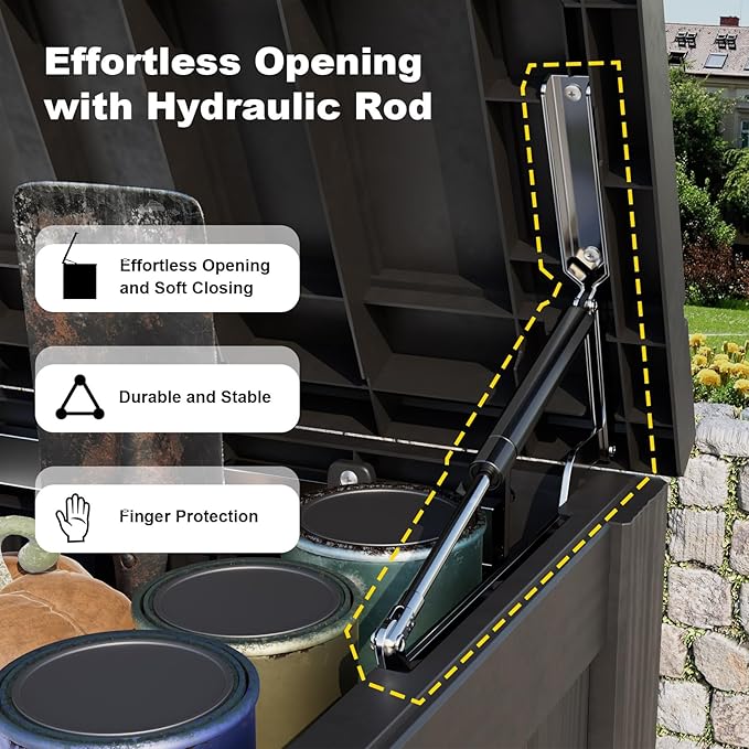 EasyUp 180 Gallon Outdoor Storage Box Waterproof, UV Resistant Resin Deck Box with Hydraulic Rod, Reinforced Stability for Patio, Garden, and Pool, Striped Black