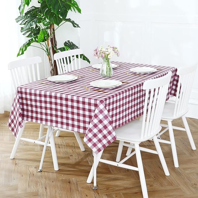 Romanstile Rectangle Vinyl Tablecloth, 100% Waterproof Buffalo Gingham Plastic Table Cloth, Heavy Duty Wipeable Checkered Table Covers for Outdoor, Camping, Picnic, Patio - 54 x 108, Burgundy