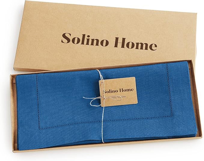 Solino Home Linen Indigo Blue Table Runner 90 Inches Long - 100% Pure Linen 14 x 90 Inch Table Runner for Winter, Spring, Easter - Classic Hemstitch