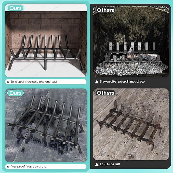 27-Inch Fireplace Grate, Heavy Duty 7-Bar Log Rack Holder Made of Solid Round Steel for Indoor/Outdoor Fire Pits, Wood Stoves & Kindling Tools