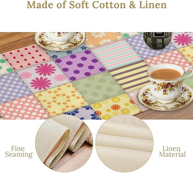 Patchwork Table Runner, Vintage Colorful Floral Plaid Tablecloth Table Runner for Indoors Outdoor Dining Kitchen Home Party 13x108in