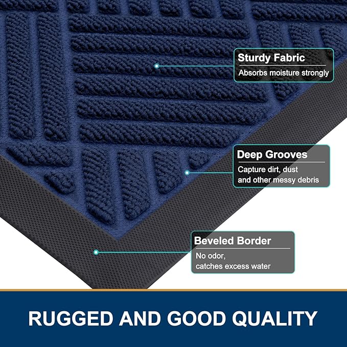 Smiry Front Door Mat Outside Entrance, Heavy Duty Outdoor Indoor Natural Rubber Doormat, Non Slip, Trap Dirt and Moisture, Easy Clean, Low Profile Patio Porch Entryway Mat, 35x23, Navy Blue