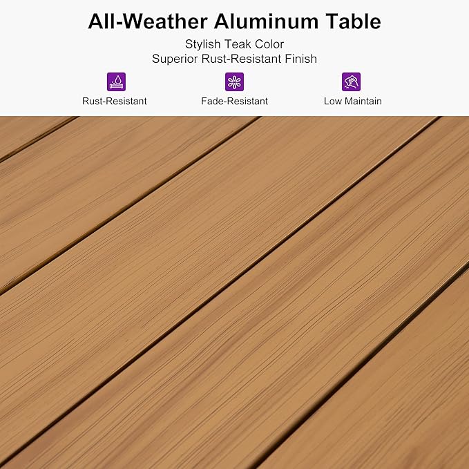 PURPLE LEAF 14 Pieces Patio Dining Set Wicker Outdoor Furniture Rectangular Table and Chairs Set for Garden Deck Teak-Finish & Grey Aluminum Frame Backyard Kitchen Set, Cushions and Pillows Included
