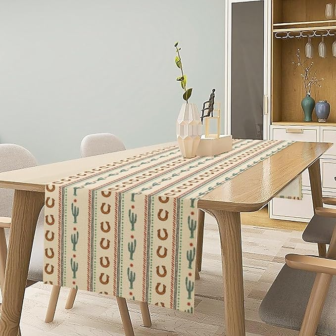 Western Table Runner,Vintage Farmhouse Country Cowboy Horseshoe Cactus Print Table Runner for Kitchen Dining Table Holiday Home Party Decor 13x70in