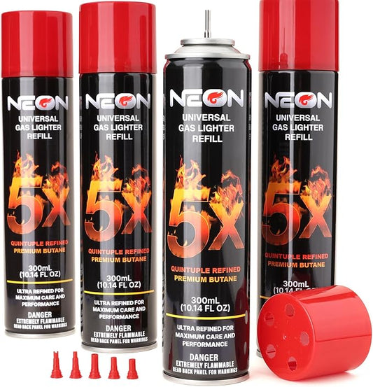 NEON Butane Fuel 300ml, 5X Premium Refined Butane Refill for Torch Lighter, 0 Impurities Lighter Fluid with Metal Nozzle & 5 Butane Gas Refill Adapters for Culinary, Welding, and DIY (4 Cans)