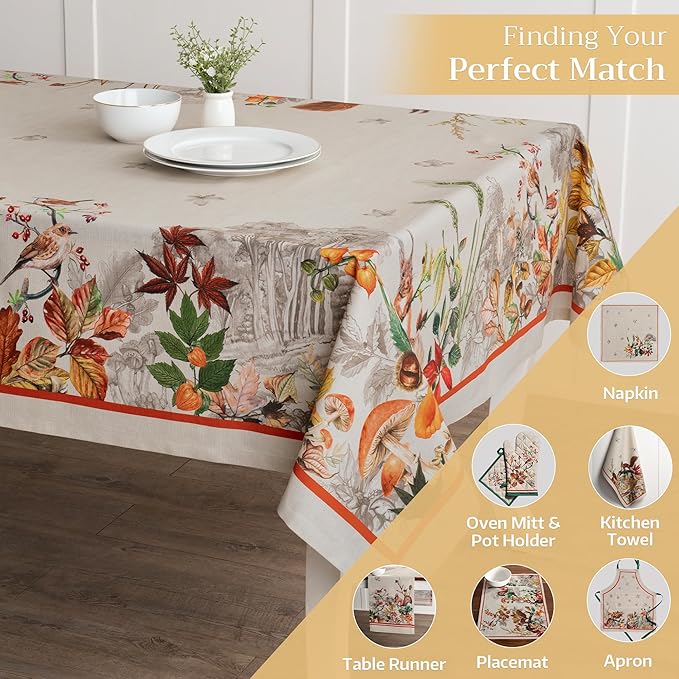 Maison d' Hermine Table Cloth Rectangle Table 100% Cotton 70 x 90 Inches Fall Tablecloth Reusable Everyday Use for Thanksgiving Christmas Decorations Dining Farmhouse Party (Recolte)