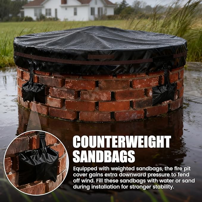 Outdoor Round Fire Pit Cover 66x9.5" Waterproof Tear-Resistant 600D Oxford PU Coated for 61–66" Built-In or In-Ground Stone Fire Pits, Heavy Duty All-Season Protection for Outdoor Fireplaces