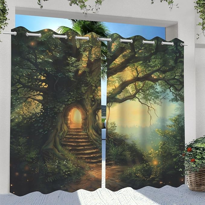 Fantasy Theme Outdoor Curtains for Patio Waterproof,Forest Pattern,Light Filtering Curtains Outside Curtains for Porch, Gazebo, Pergola, Backyard,Set of 2 Panels,54 x 108 inch,Green