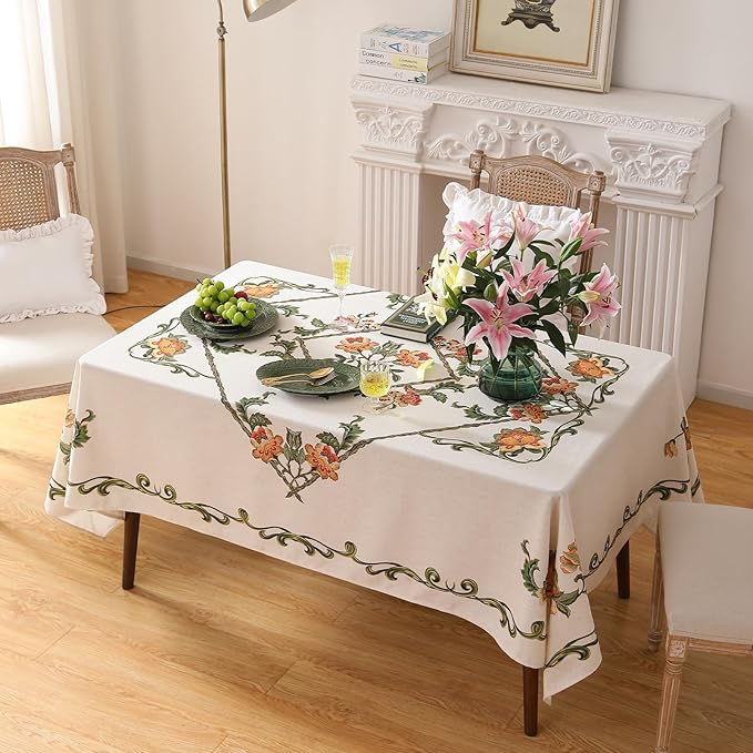 patdrea Designer Vintage Linen Rectangle Tablecloth,French Floral Tablecloths,Wrinkle Free Table Cloth,Decorative Table Cover Cloth for Kitchen,Dining,Tea Party,Home,Christmas,55"*79"