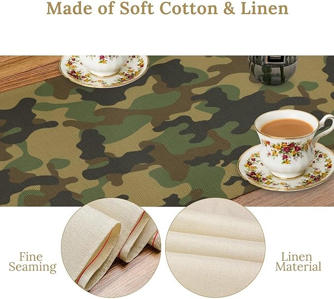 Camo Table Runner, Military Camouflage Coast Guard Force Soldier Hunting Themed Table Runner for Holiday Birthday Party Home Kitchen 13x60in
