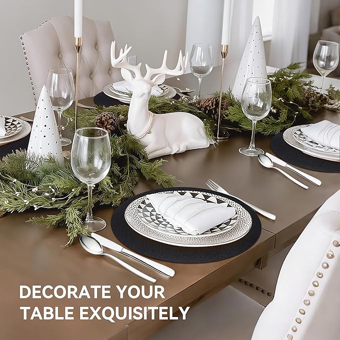 13" Round Placemats Set of 4, Reversible Faux Leather Heat Resistant Table Mats, 100% Waterproof Oilproof Wipeable Table Protective Placemats for Vinyl, Washable for Indoor (4, Black)