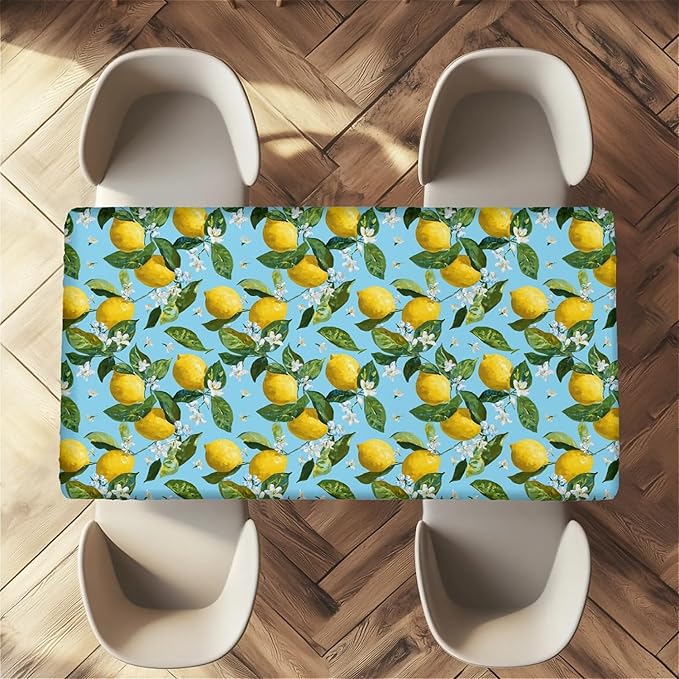 Rectangle Table Cloth Cover Waterproof Elastic Fitted Polyester Fitted Tablecloths for 8 Foot Tables for Indoor,Picnic, Camping, Outdoor （96" x 30"，Lemon）