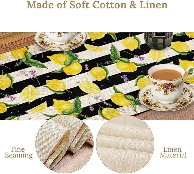 Farmhouse Lemon Fruit Table Runner Nature Aesthetic Black White Stripe Flowers Plant Dining Table Decoration for Home Holiday Party Dresser Kitchen Cabin Restaurant Wedding Decor 13×90in