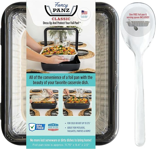 Fancy Panz - Charcoal Classic Aluminum Foil Pan Carrier with Lid - Elevated Food Serving Tray - Portable Casserole Carrier with Lid - Made in The USA Hosting Essentials