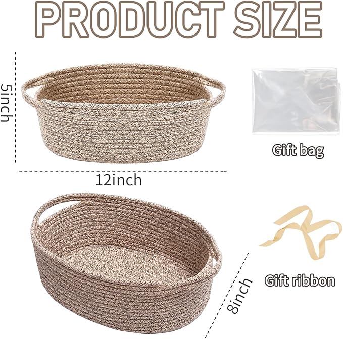 Woven Basket,Small Rope Storage Bin with Handles & Ribbon Bag, Organizer for Shelves Closets,Gift Basket Empty for Birthday,Books,Dog Toys,Oatmeal/2 Pack