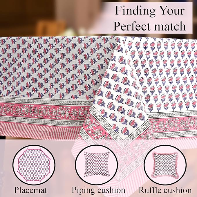 CPC Tablecloth 100% Cotton 60x90 Inch Indian Block Print Rectangle Table Cover, Washable Table Cloth for WeddingsSpring/Summer, Barbeque - Pink Sapphire