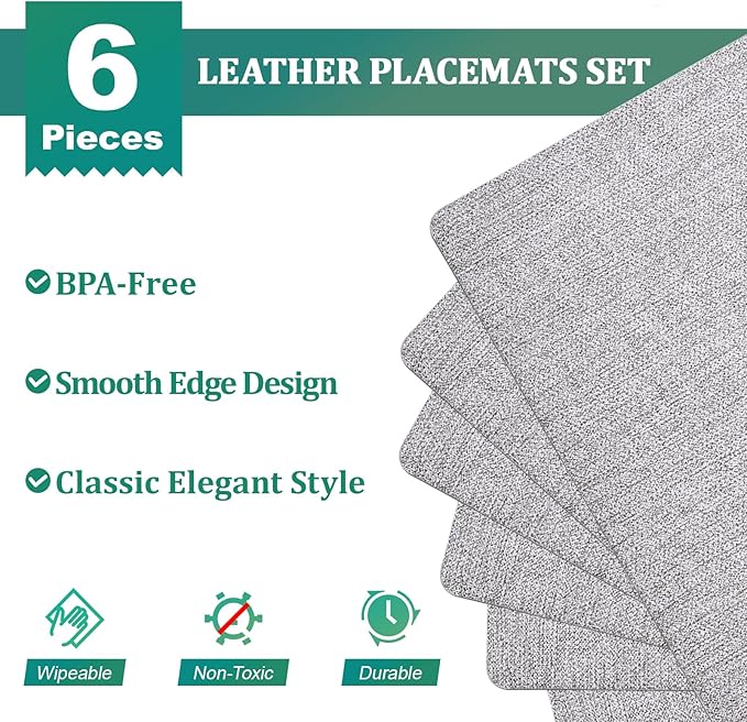 FOCUSLINE Faux Leather Placemats Set of 6, Light Grey Table Place Mats, Waterproof and Non-Slip Dining Table Mats for Indoor & Outdoor Use