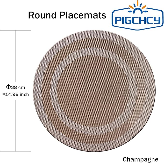 PIGCHCY Round Placemat Set of 8 Vinyl Washable Kitchen 15 inch Table Placemats for Wedding Holiday Party (8pcs Round, Champagne)