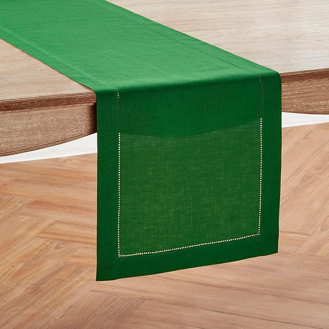 Solino Home Linen Garden Green Table Runner 132 Inches Long - 100% Pure Linen Extra Long Table Runner 14 x 132 Inch for Winter, St Patricks Day, Easter - Classic Hemstitch
