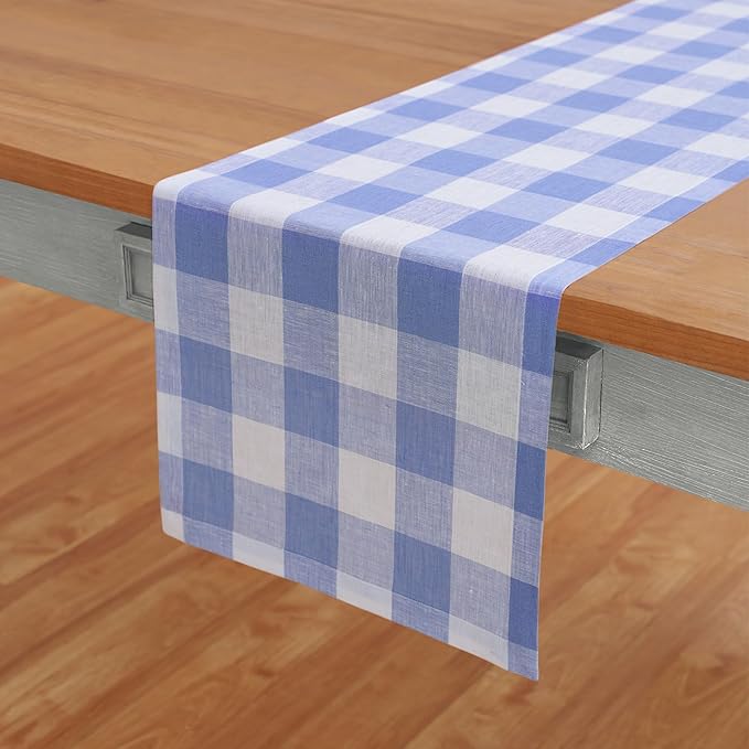 Solino Home Linen Checkered Table Runner 108 Inches Long - 100% Pure Linen Hydrangea Blue Buffalo Check Table Runner 14 x 108 Inch Ideal for Dining, Winter, Spring, Easter