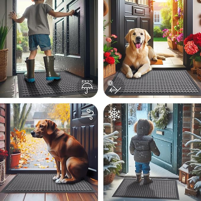 Smiry Front Door Mat Outside Entrance, Heavy Duty Natural Rubber Doormat, Non Slip, Trap Dirt and Moisture, Easy Clean, Low Profile Welcome Floor Mats for Indoor Outdoor Entry, 29.5x17 Inch, Mix Grey