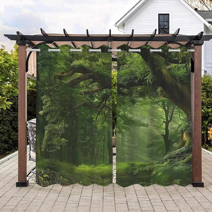 Nature Theme Waterproof Indoor/Outdoor Curtains,Forest Pattern,Waterproof, Privacy, Grommet Curtains for Patio, Pergola, Porch, Deck, Lanai, Cabana,2 Panel,W42 x L63,Green