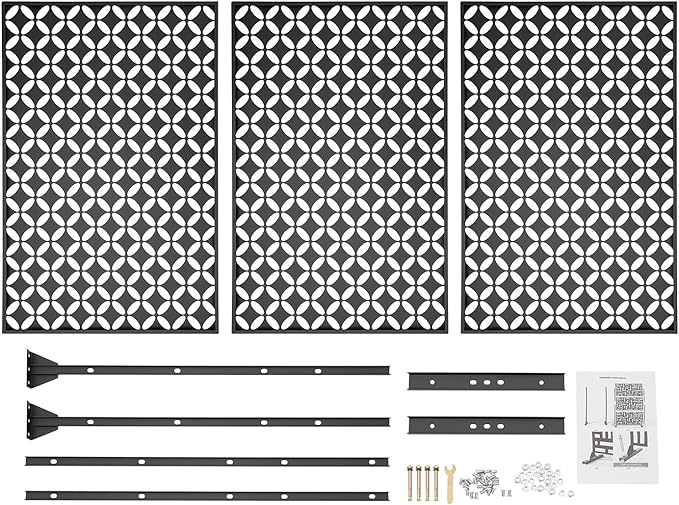 75" H×35" W Decorative Outdoor Privacy Screen with Stand, Outdoor Decor Privacy Fence Screen Metal Fence Panels, Free Standing Metal Divider for Patio Lawn Deck (Black-Circle)