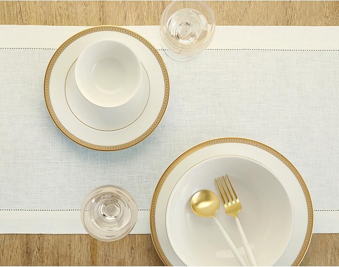 Solino Home Linen Ivory Table Runner 120 Inches Long - 100% Pure Linen 14 x 120 Inch Table Runner for Spring, Easter - Classic Hemstitch