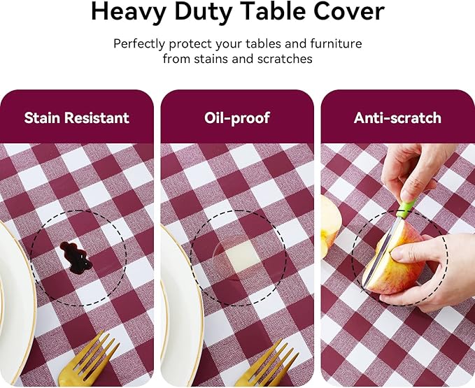 Romanstile Square Vinyl Tablecloth, 100% Waterproof Buffalo Gingham Plastic Table Cloth, Heavy Duty Wipeable Checkered Table Covers for Outdoor, Camping, Picnic, Patio - 54 x 54, Burgundy