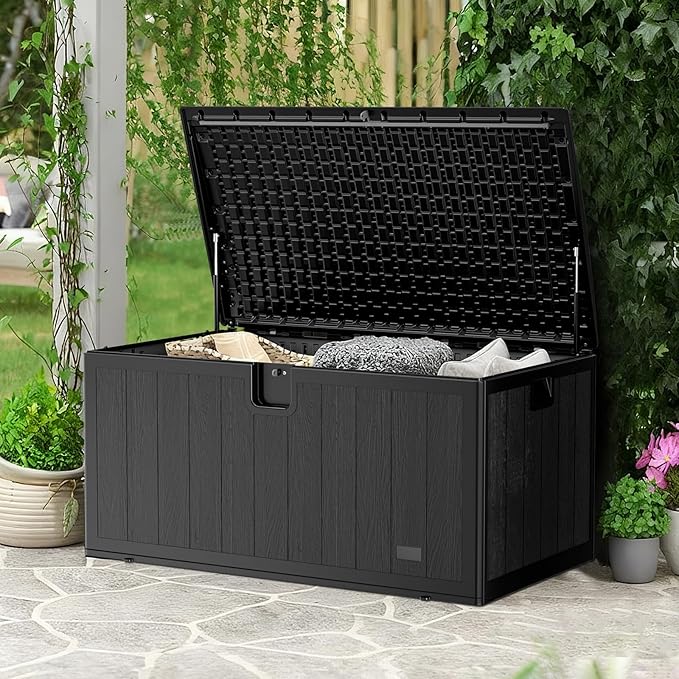 JEKO&JEKO 240 Gallon Outdoor Storage Box Set, 2-Pack (110 Gallon & 130 Gallon) Deck Boxes with Lockable Lid for Patio and Garden, Black