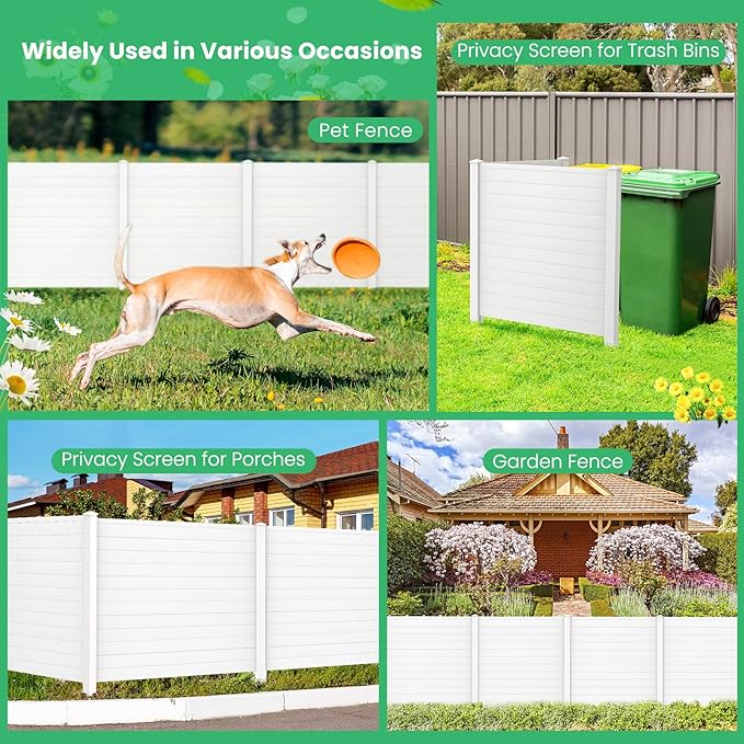Giantex Outdoor Privacy Screen 2 Panels, 48''W x 48''H Decorative Air Conditioner Fence Trash Can Enclosure with 3 Stakes, Easy Assembly, PVC Vinyl Picket Fences for Garden Patio Lawn, White