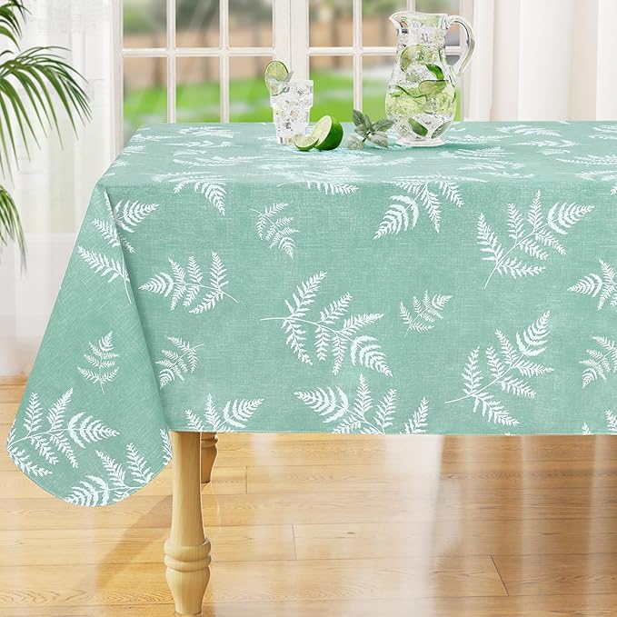 misaya Rectangle Waterproof Vinyl Table Cloth, Wipeable Tablecloth with Flannel Backing, Plastic Table Cover for Dinner, Picnic, Indoor and Outdoor (Light Green Leaves, 60" x 102")