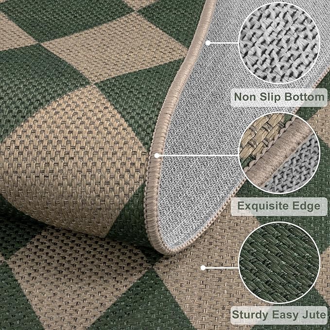 Easy Jute Checkered Runner Rug, 2x6 Green Modern Washable Rugs Runner for Hallway Non-Slip Long Kitchen Rug, Geometric Diamond Indoor Outdoor Carpet for Porch Laundry Entryway
