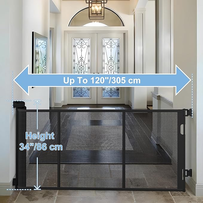 120 inches Extra Wide Baby Gate, 34 inches Tall Retractable Pet Gate for Large Openings, Hallways, Room Dividers, Mesh Safety Barrier for Indoor Outdoor Use, Black