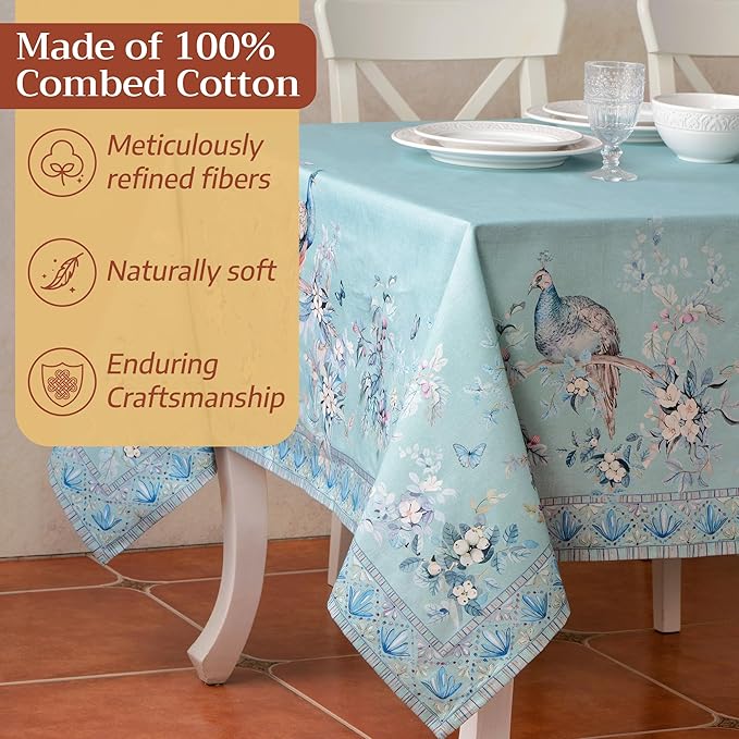 Maison d' Hermine Premium Table Cloth Rectangle Table 100% Combed Cotton 120 x 70 Inches Tablecloth Reusable Decorative for Dining Room Home Party Festive Wedding - Peacock Utopia - Pastel Turquoise