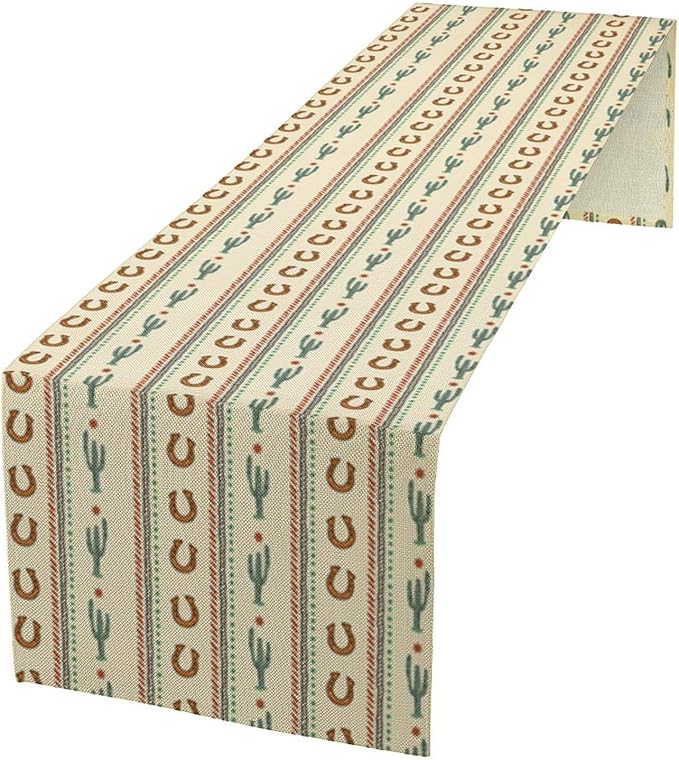 Western Table Runner,Vintage Farmhouse Country Cowboy Horseshoe Cactus Print Table Runner for Kitchen Dining Table Holiday Home Party Decor 13x70in