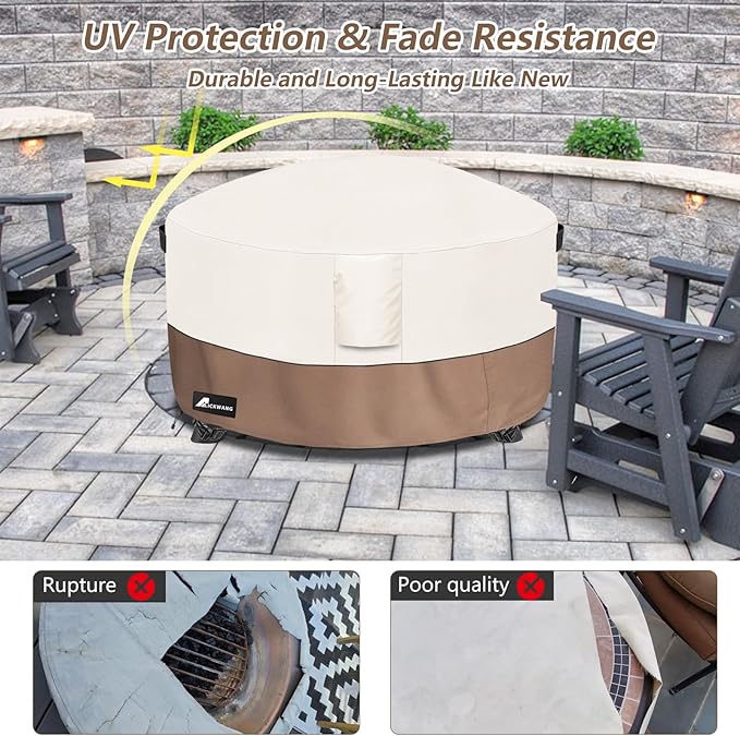 Fire Pit Cover Round 42 Inch Waterproof,Outdoor Heavy Duty Durable 600D Tear-Resistant Fire Pit Table Cover,Patio Round Firepit Cover 42" D x 24" H, Beige