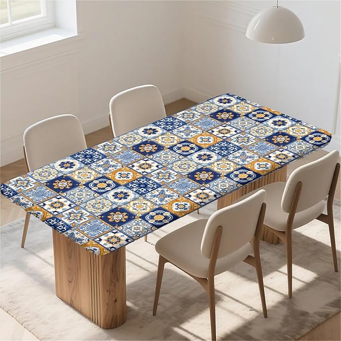 Rectangle Table Cloth Cover Waterproof Elastic Fitted Polyester Fitted Tablecloths for 6 Foot Tables for Indoor,Picnic, Camping, Outdoor （72" x 30"，Bohemian Style）