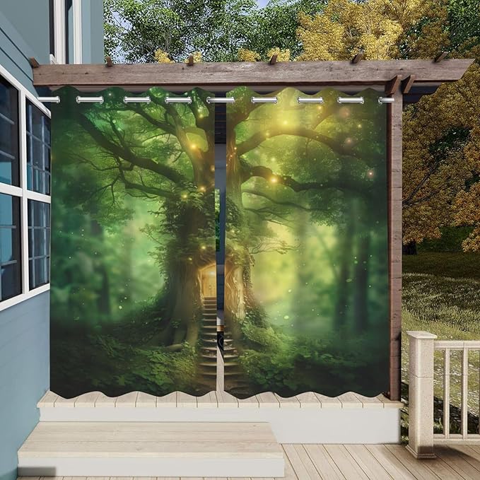 Fantasy Theme Outdoor Curtains for Patio Waterproof,Forest Pattern,Grommet Curtain for Bedroom, Porch, Living Room, Pergola, Cabana,Set of 2 Panels,54 x 108 inch,Green