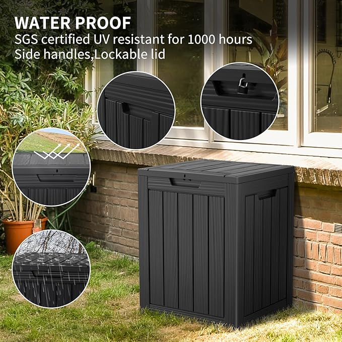 28 Gallon Deck Box,Resin Outdoor Storage Box with Lockable for Patio Furniture, Pool Accessories, Garden Tools Waterproof Outside Storage Box, Black