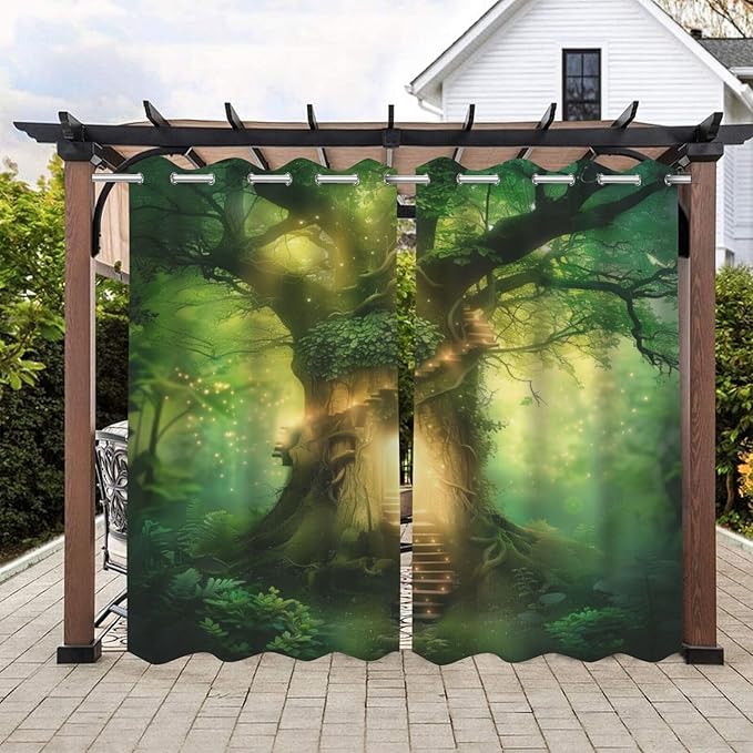 Fantasy Theme Waterproof Outdoor Curtains for Patio,Forest Pattern,Light Filtering Curtains Outside Curtains for Porch, Gazebo, Pergola, Backyard,2 Panels,W54 x L84,Green