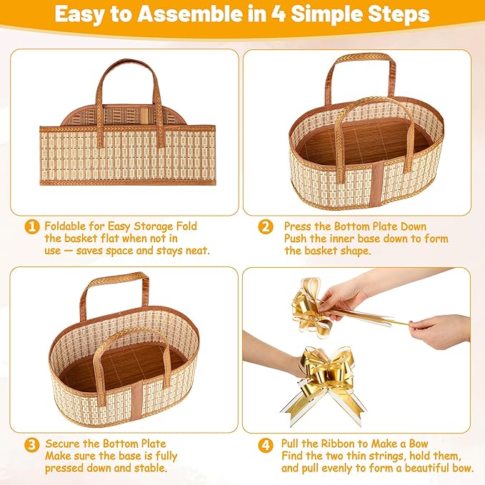 1 Set Baskets for Gifts Empty, Large Bamboo Gift Basket with Handle, Foldable Reusable Decorative Woven Basket for Christmas, Baby Shower, Mother's Day, Housewarming, Wedding