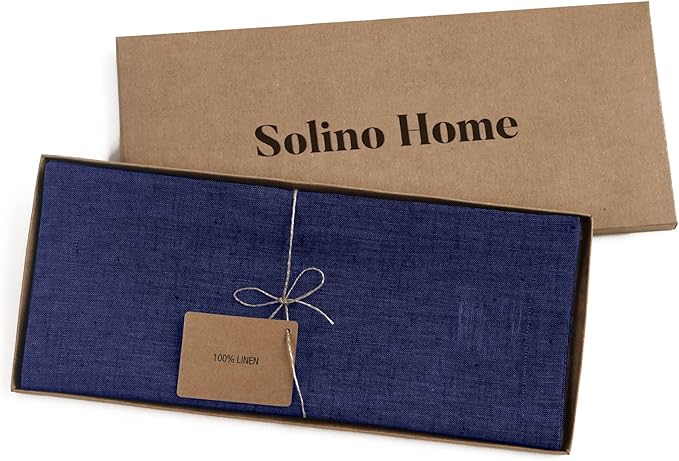 Solino Home Linen Table Runner 144 Inches Long - Athena, 100% Pure Linen Chambray Navy Dining Table Runner 14 x 144 Inch for Winter, Spring