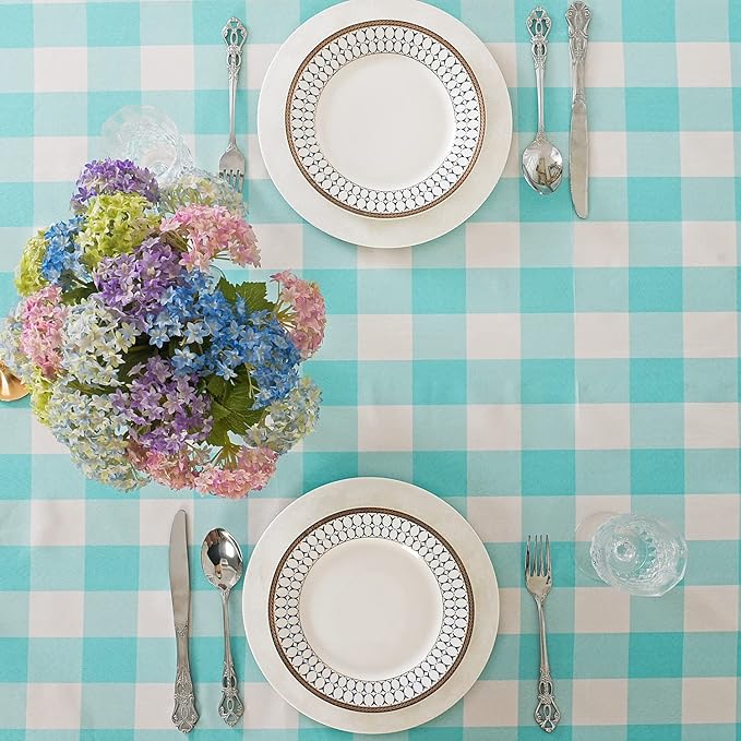 Cupuamon 2 Pack Waterproof Polyester Fabic Rectangle Checkered Tablecloth，60x120 Outdoor Table Cloth，Oil Stain Prevention Table Cloth for Pinics and Parties（Aqua and White）