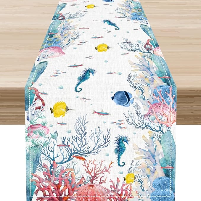 Nautical Table Runner, Summer Coastal Starfish Seahorse Seashells Coral Tropical Ocean Beach Colorful Farmhouse Coffee Table Center Decor for Home Kitchen Dining Patio Indoor Outdoor, 13"x108" Inch