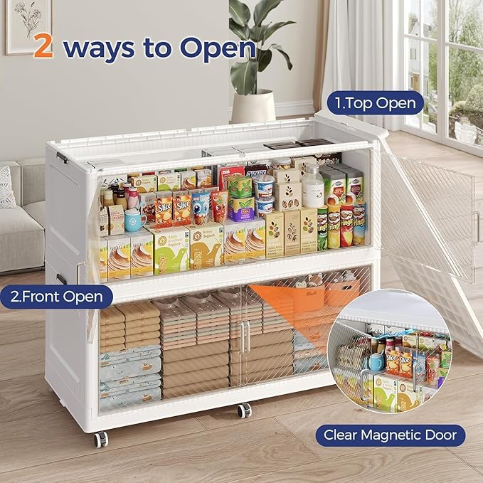 150GAL Extra Large Storage Bins with Lid, 600QT Collapsible Organizer with Wheels, Stackable Closet Cabinet with Doors, Folding Storage Containers for Home, Office, Kitchen, 3Pack White