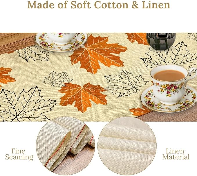 Fall Maple Leaves Table Runner, Rustic Vintage Autumn Orange Leaf Thanksgiving Farmhouse Kitchen Dinning Table for Indoor Outdoor Home Party, 13x36inch
